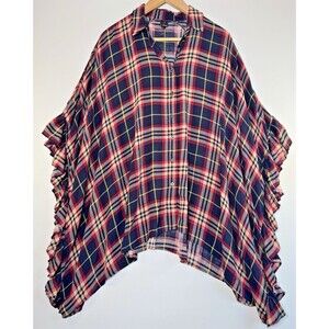 I Joah Womens Medium Oversized Plaid Ruffle Tunic Top Blue Red Poncho Boho Rayon